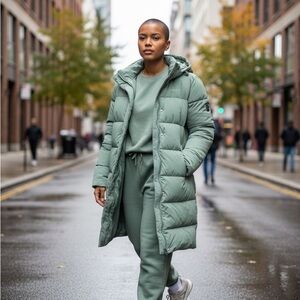 4X Oversized Sage Green Long Puffer Coat Water-Resistant Hooded Winter Jacket